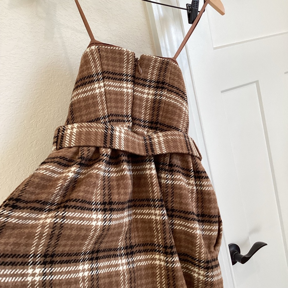 Anthropologie Strapless Belted Midi Dress New Plaid Brown Wool Size 2 - Picture 12 of 16